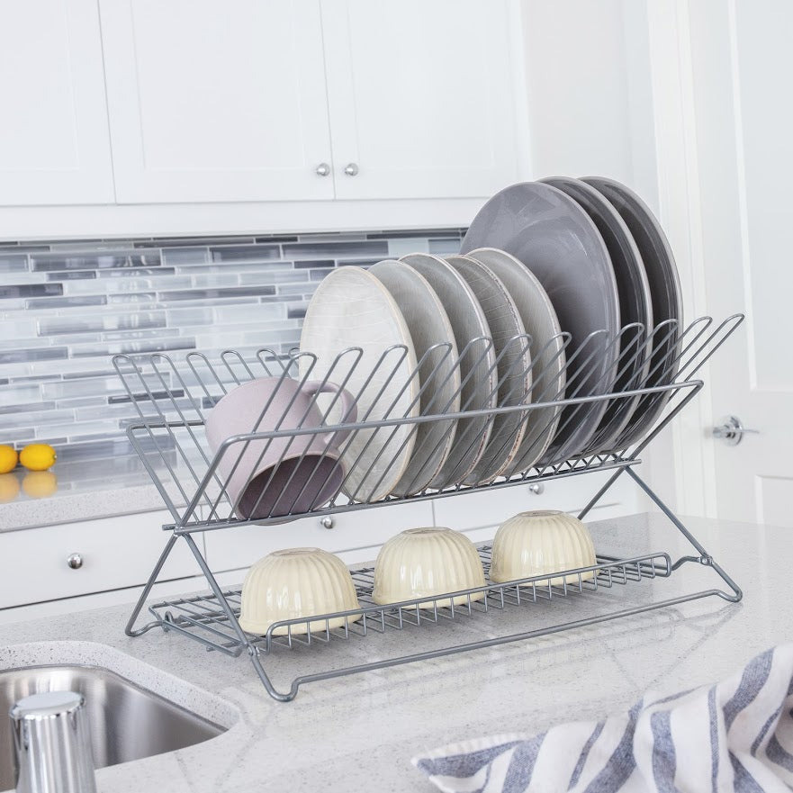 NewFolding stainless steel double deck drain dish rack for kitchen