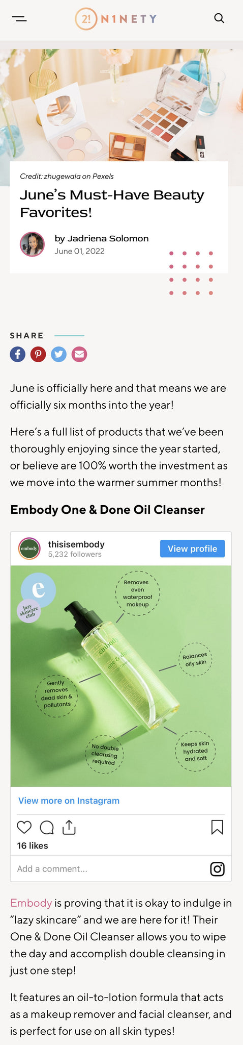 A screenshot of embody's feature in 21Ninety