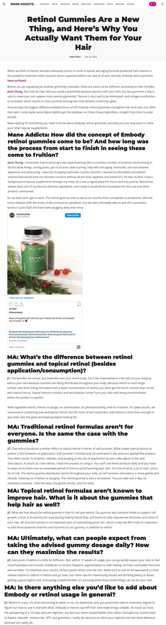 A screenshot of a Mane Addicts press piece titled, "Retinol Gummies Are a New Thing, and Here’s Why You Actually Want Them for Your Hair"