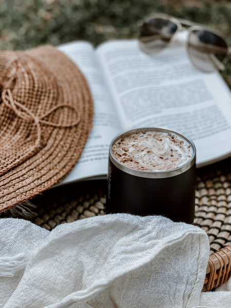 mushroom cacao latte on picnic