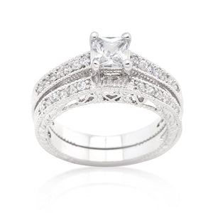 Women's Brass 4.3 Ct Princess Cut Filigree CZ Bridal Engagement Ring