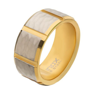 Men's Gold Plated and Stainless Steel Hammered Finish Ring