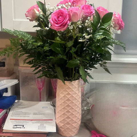 Pink roses in a pink 10" Amaranth vase