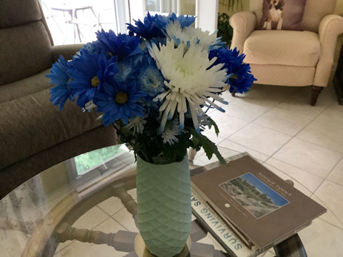 Chrysanthemums in a mixed arrangement and placed in a 10” Amaranth Vase in Mint