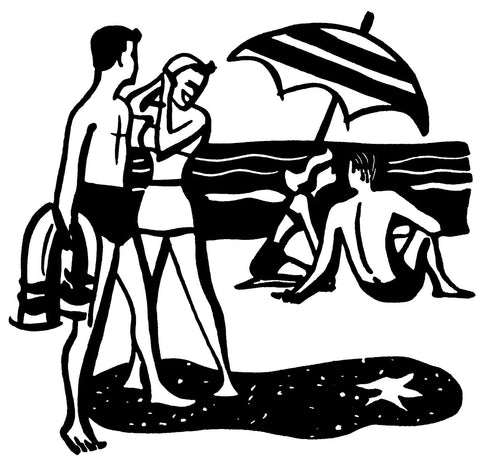 retro couple on a beach with sand and sun umbrella