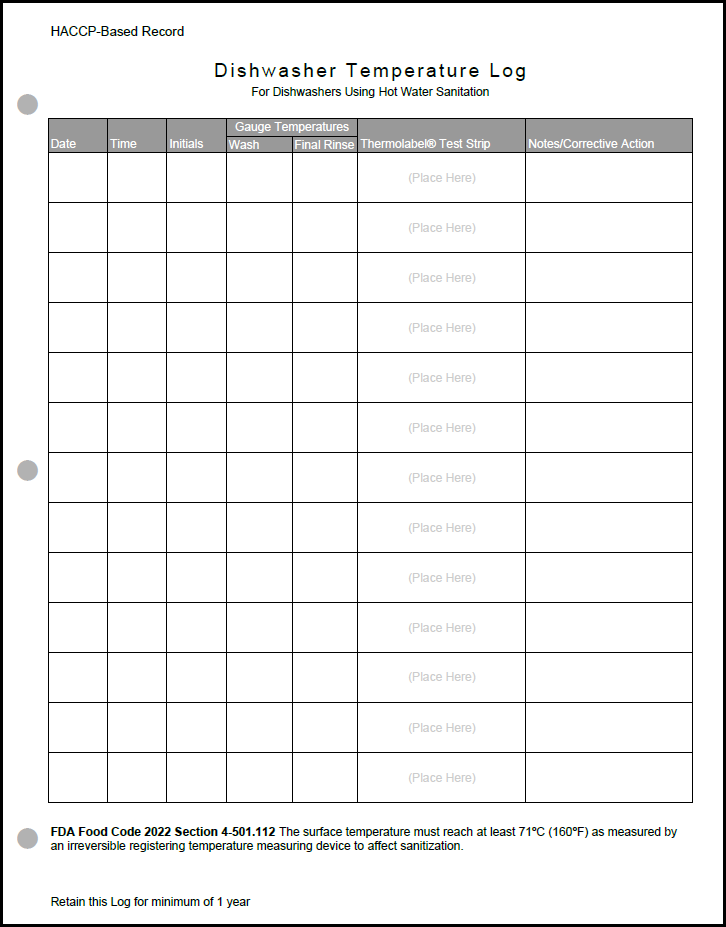 Dishwasher Temperature Log