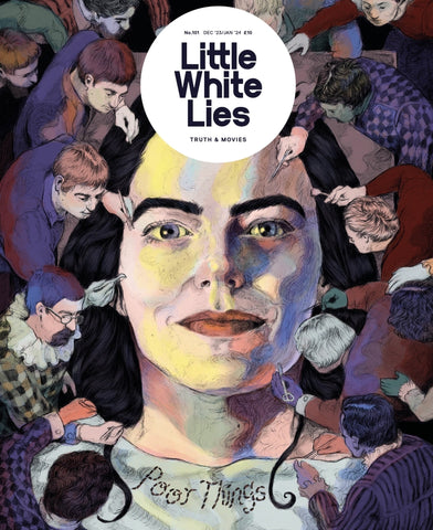 Illustrated Emma Stone in Poor Things movie on cover of Little White Lies Magazine