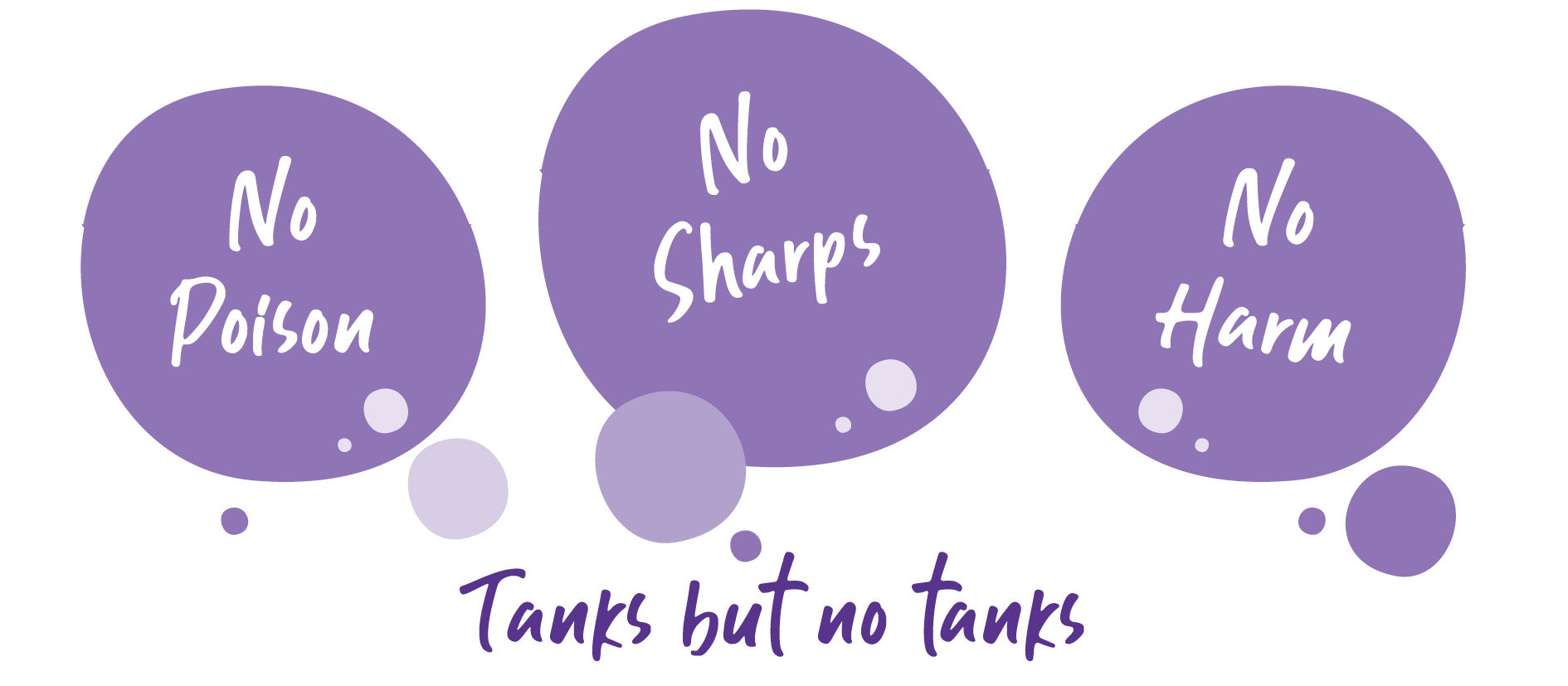 purple vector bubbles saying "no poison" "no sharps" and "no harm"