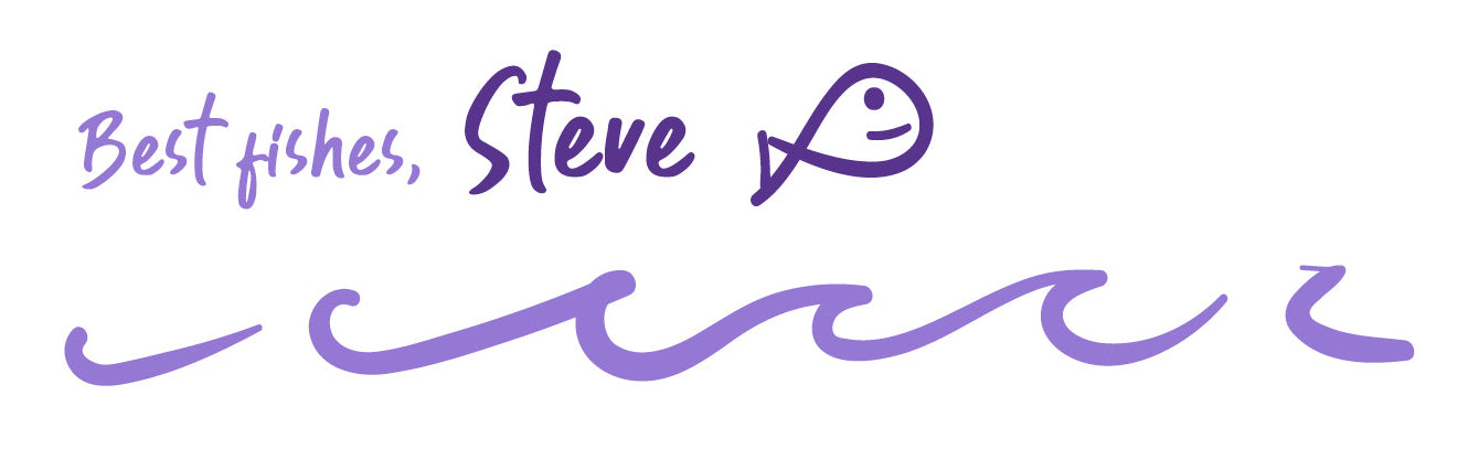 signature from Steve the fish with doodle of waves beneath it