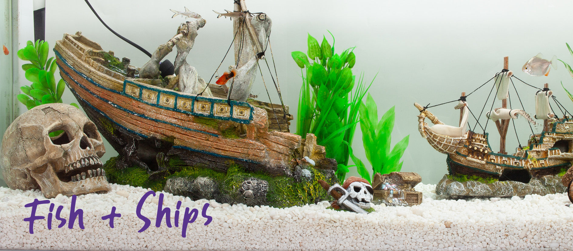 fish tank ornaments showing skull and sunken pirate ship with plastic green plants