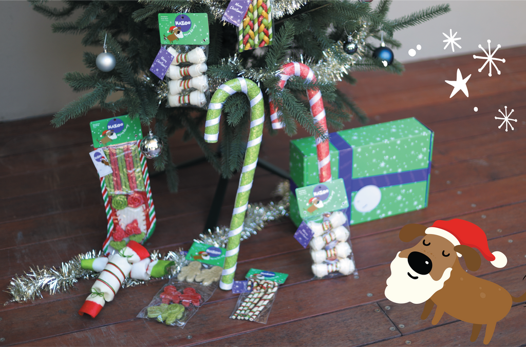Kazoo Christmas dog treats under a christmas tree