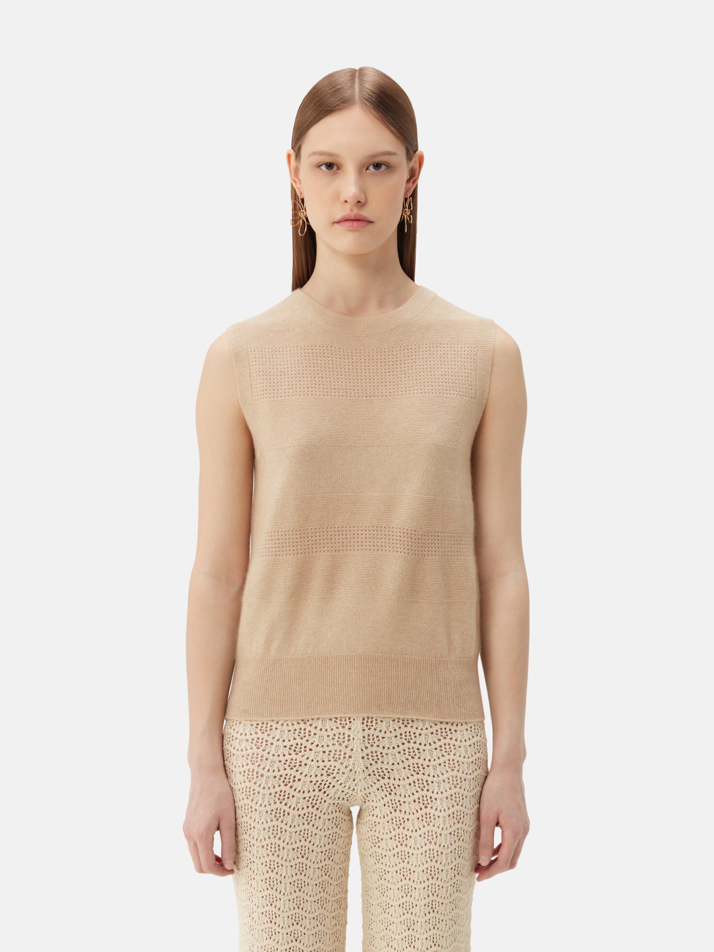 Seamless Cashmere Vest with Mixed Patterns Taupe | GOBI Cashmere