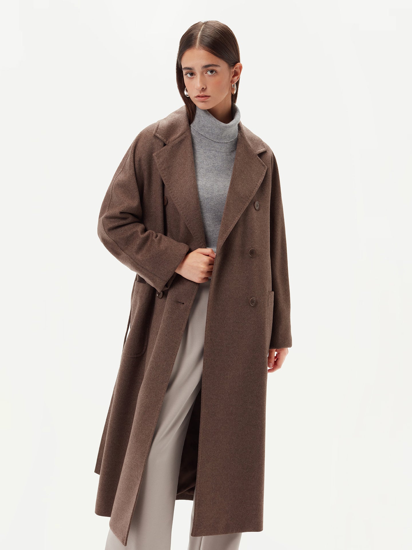 Women's Double Cashmere Breasted Long Coat cacao - Gobi Cashmere