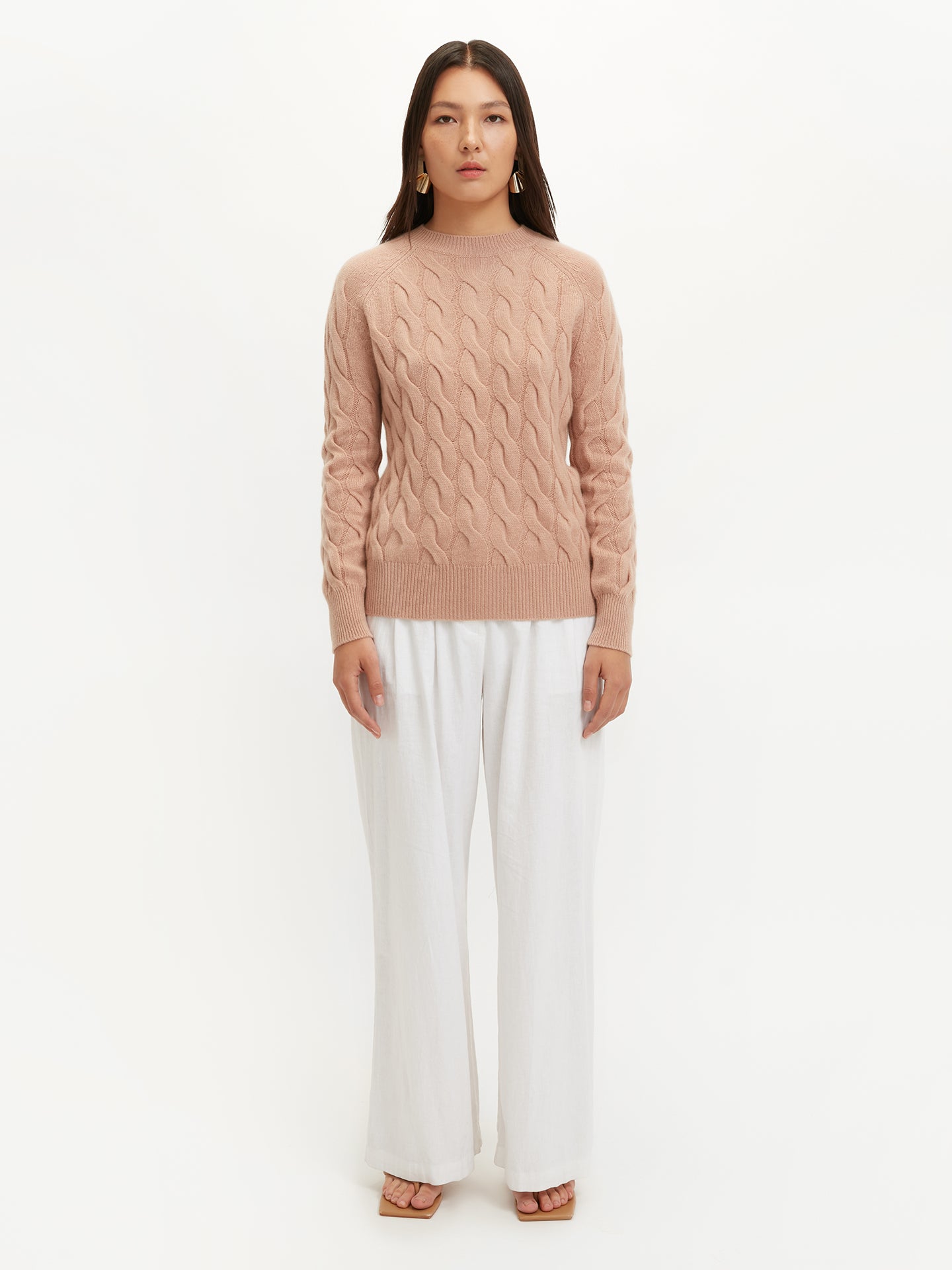 Women's Cashmere Cable Knit Round Neck Toasted Almond - Gobi Cashmere
