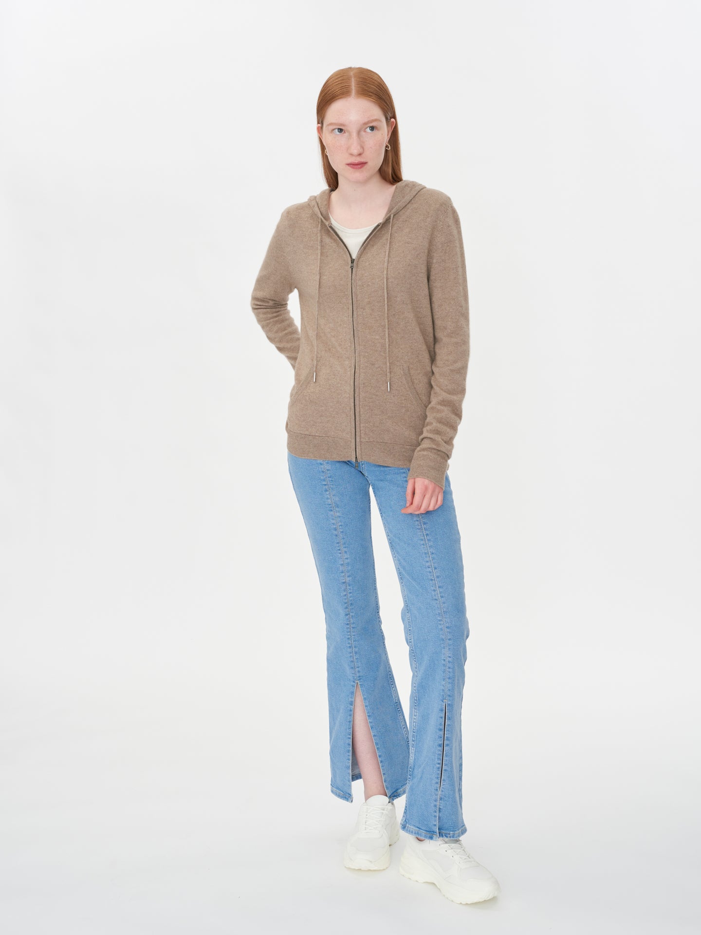 Women's Cashmere Full-Zip Hoodie Taupe - Gobi Cashmere