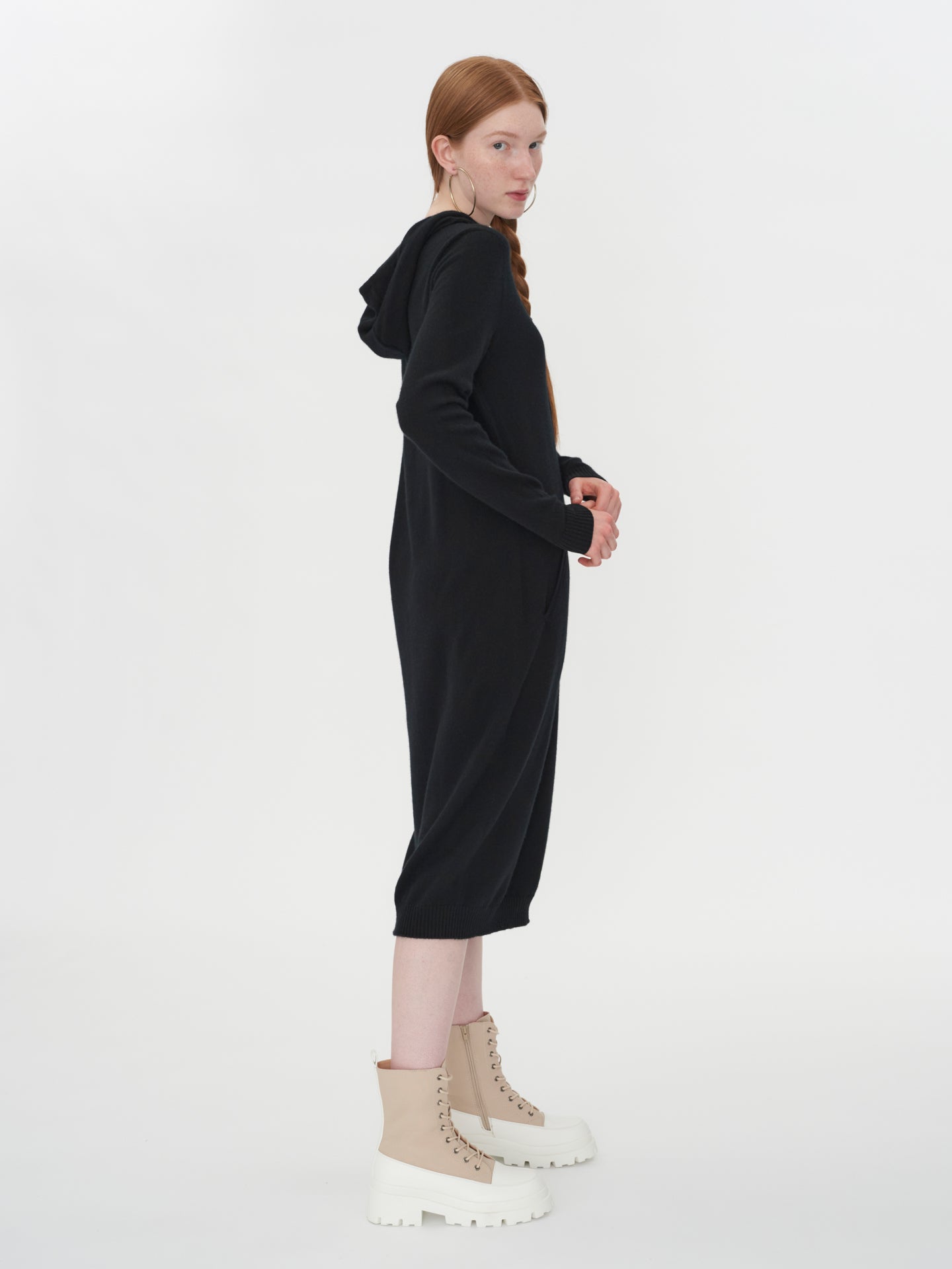 Women's Cashmere Hooded Midi Dress Black - Gobi Cashmere