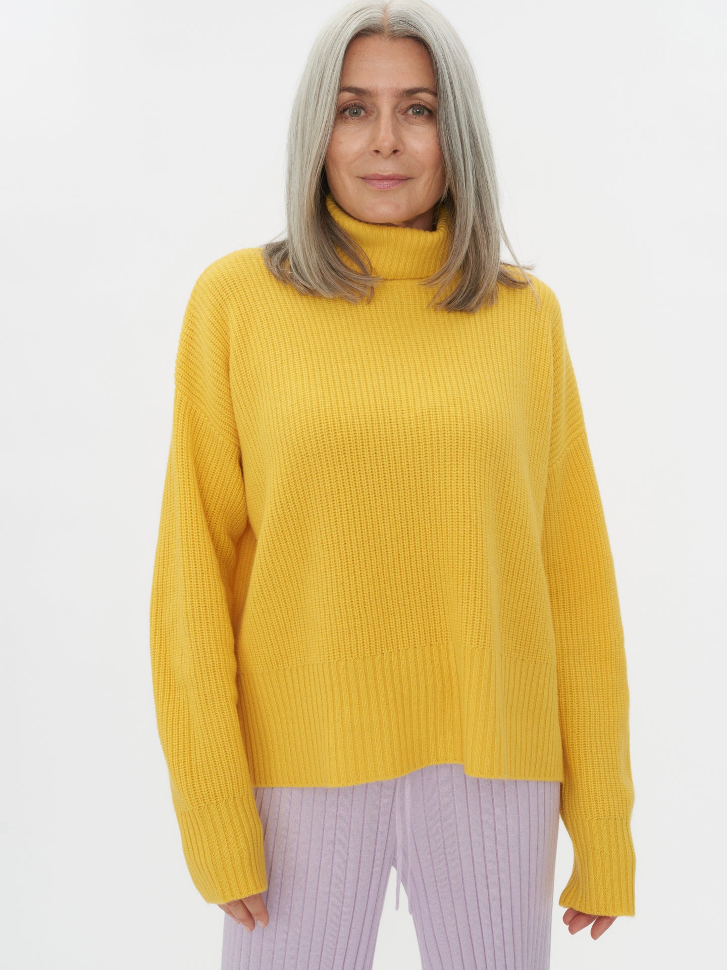 Women's Cashmere Ribbed Turtle Neck Empire Yellow - Gobi Cashmere