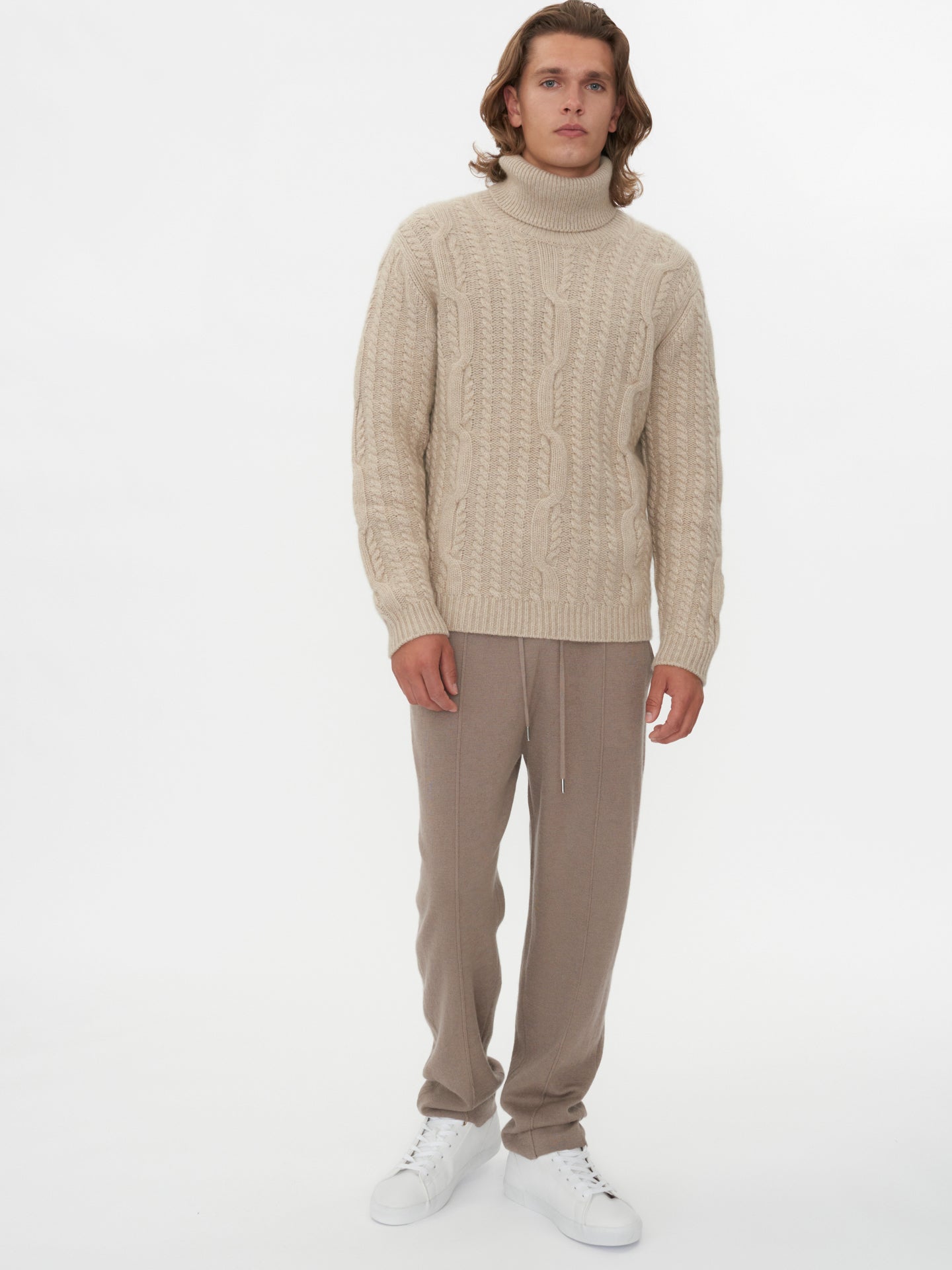 Men's Cashmere Cable Turtle Neck Warm Grey - Gobi Cashmere