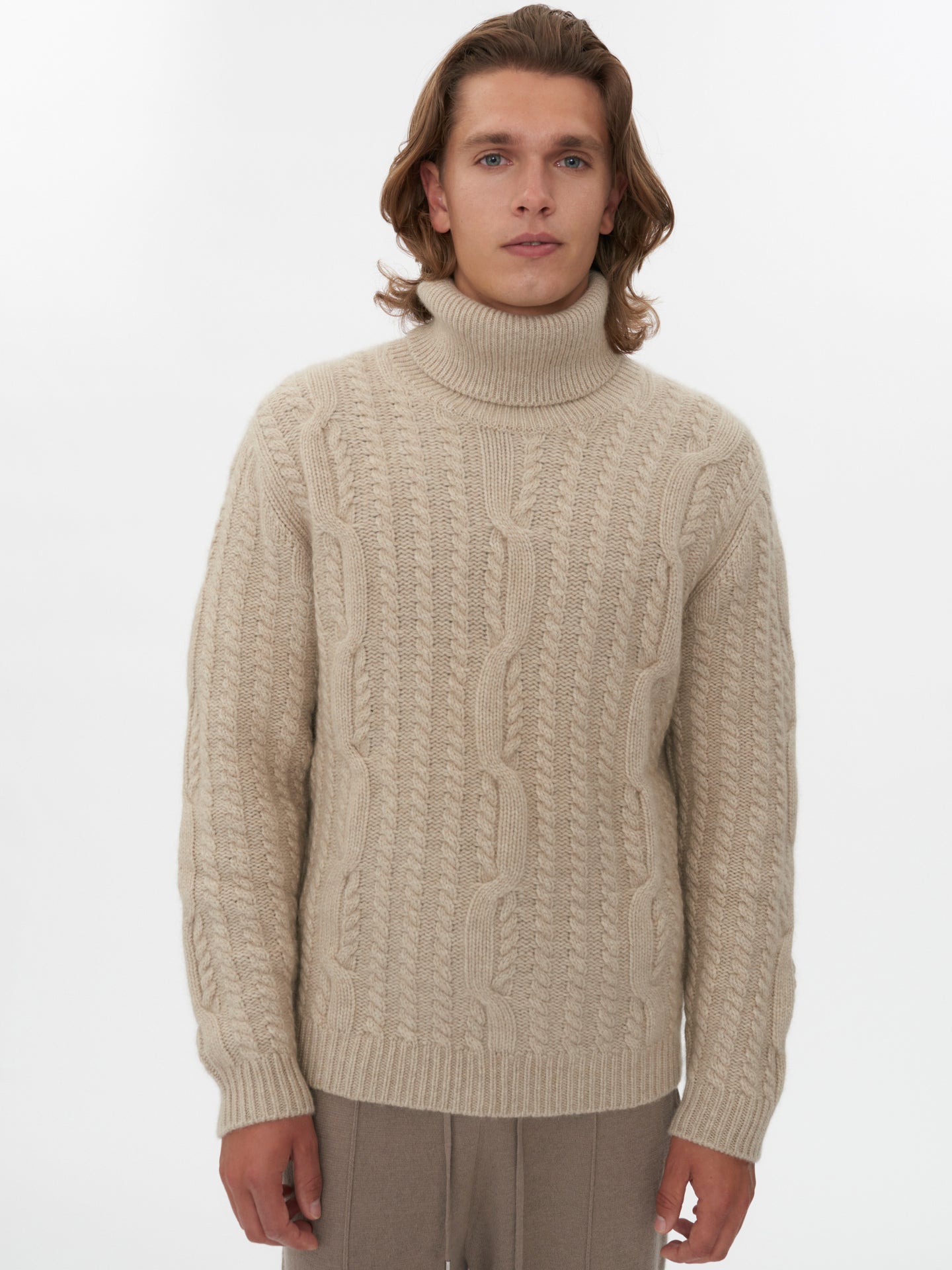 Men's Cashmere Cable Turtle Neck Warm Grey - Gobi Cashmere