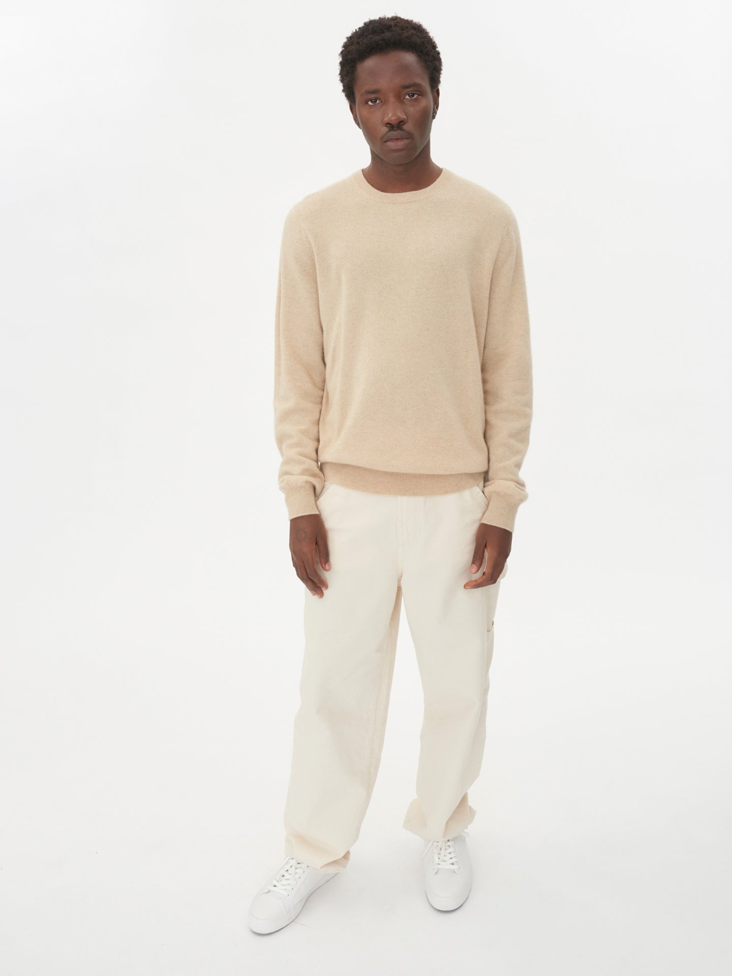 Men's Cashmere Basic Round Neck Sweater Beige - Gobi Cashmere