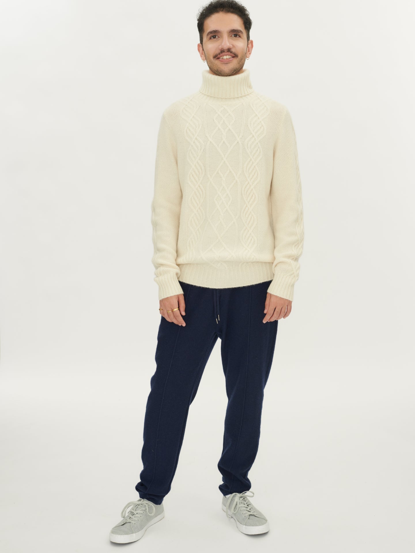 Men's Cashmere Cable T-Neck Off White - Gobi Cashmere