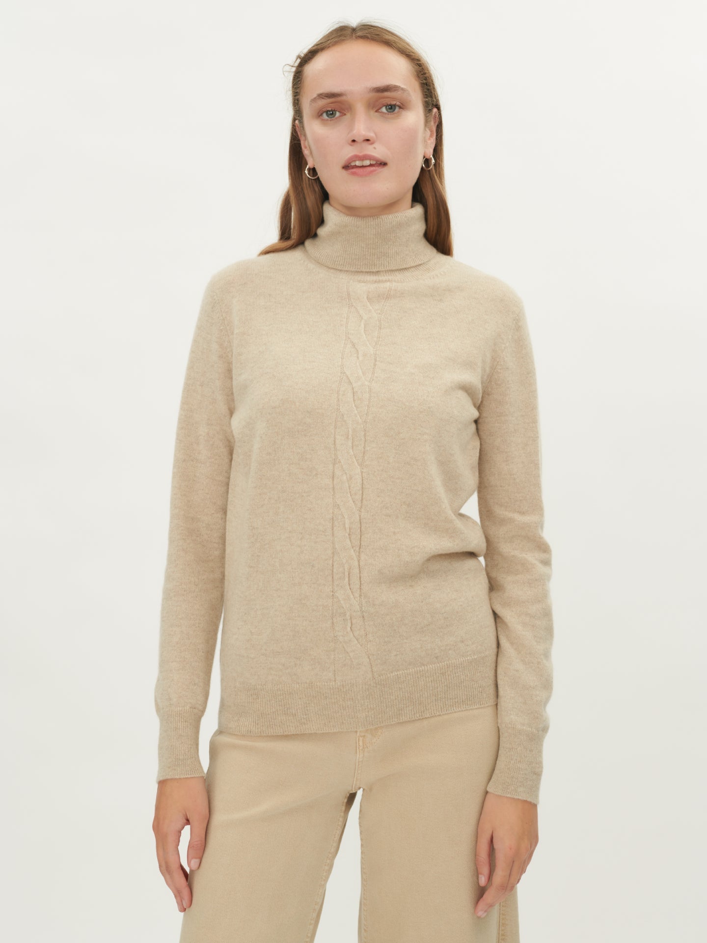 Women's Cashmere Cable Detail Turtle Neck Warm Grey - Gobi Cashmere