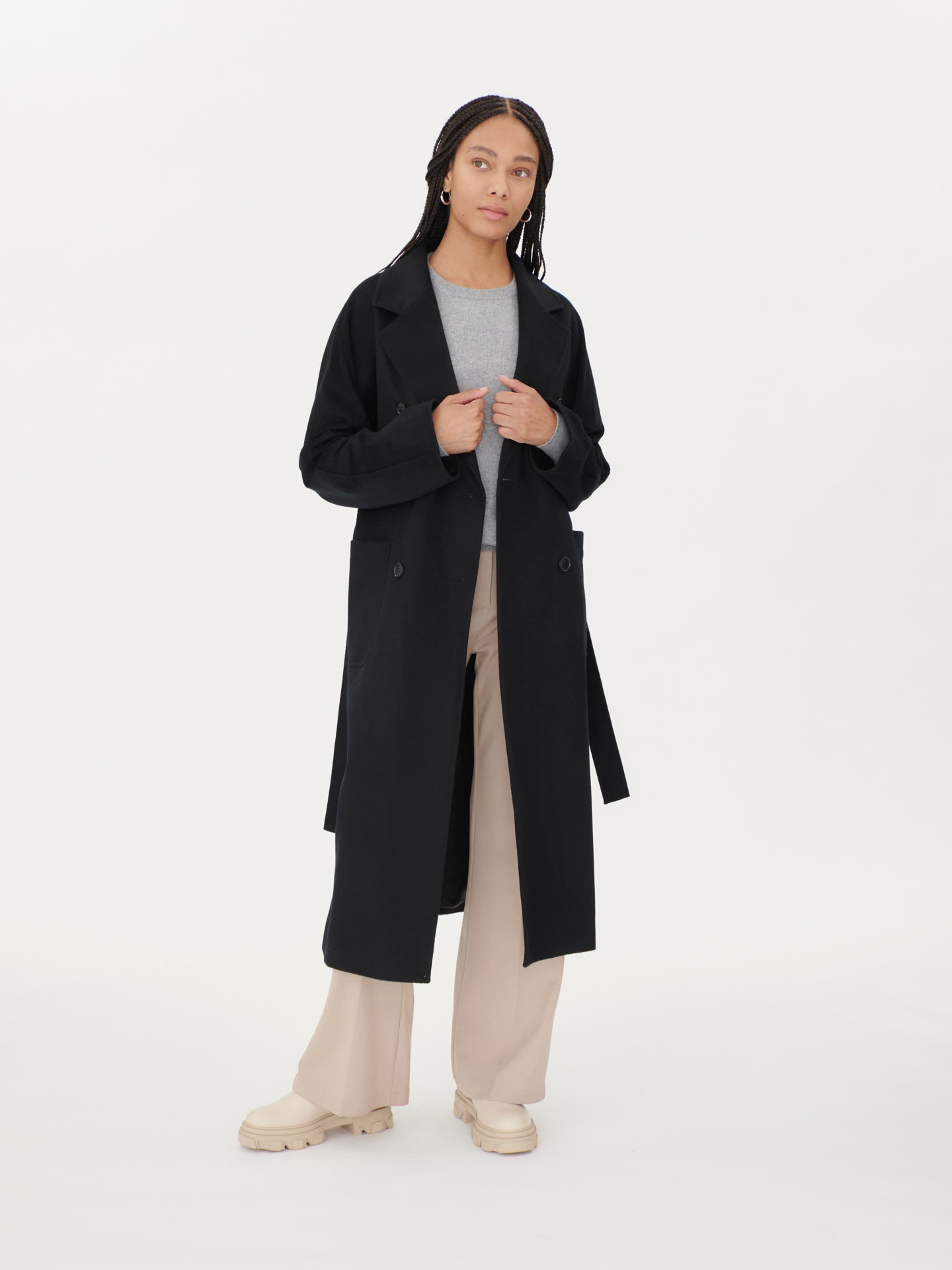  Women's Double Cashmere Breasted Long Coat Black - Gobi Cashmere