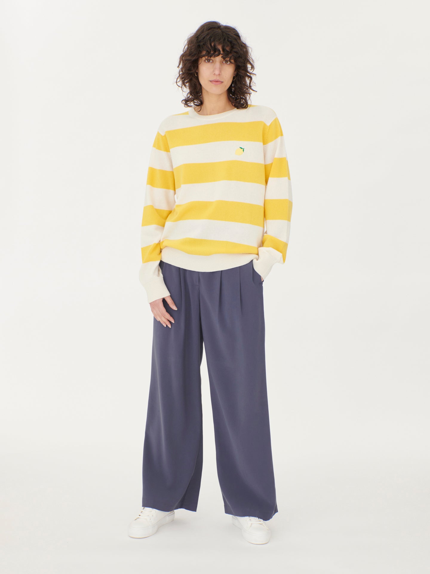 Women's Cashmere Striped C-neck with Embroidery Yellow - Gobi Cashmere