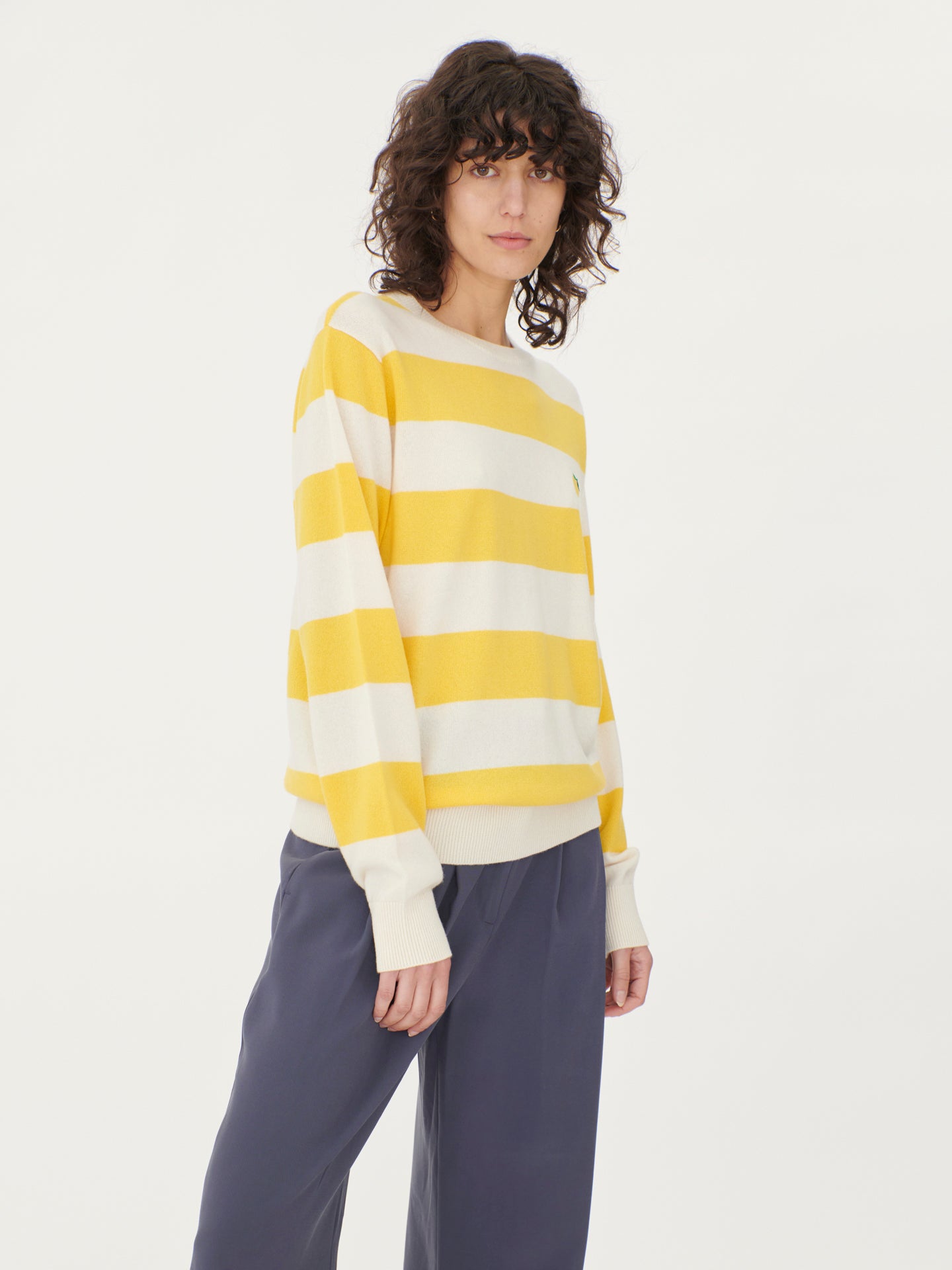 Women's Cashmere Striped C-neck with Embroidery Yellow - Gobi Cashmere