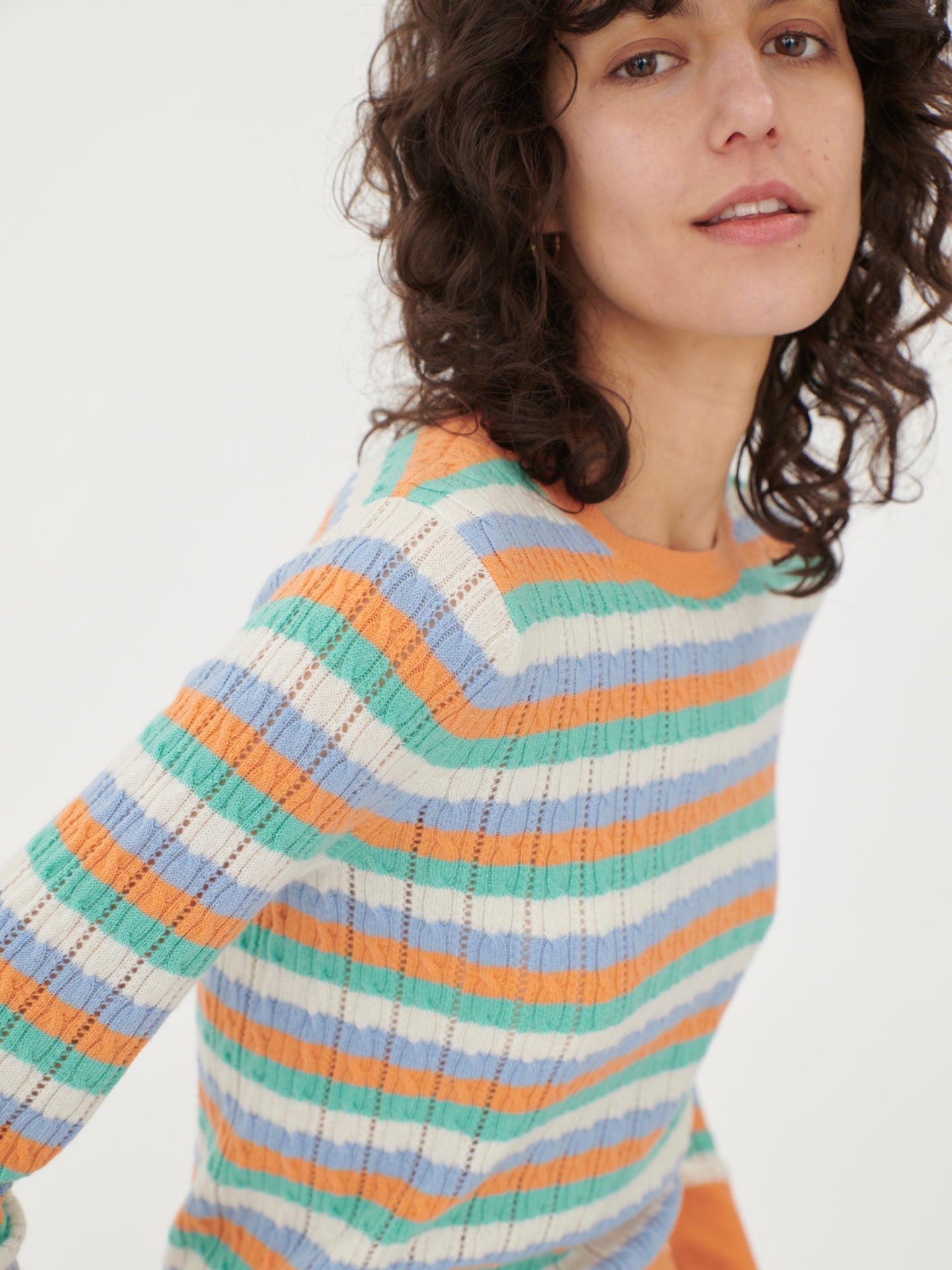 Women's Cashmere Colorful Striped C-neck Papaya Punch - Gobi Cashmere