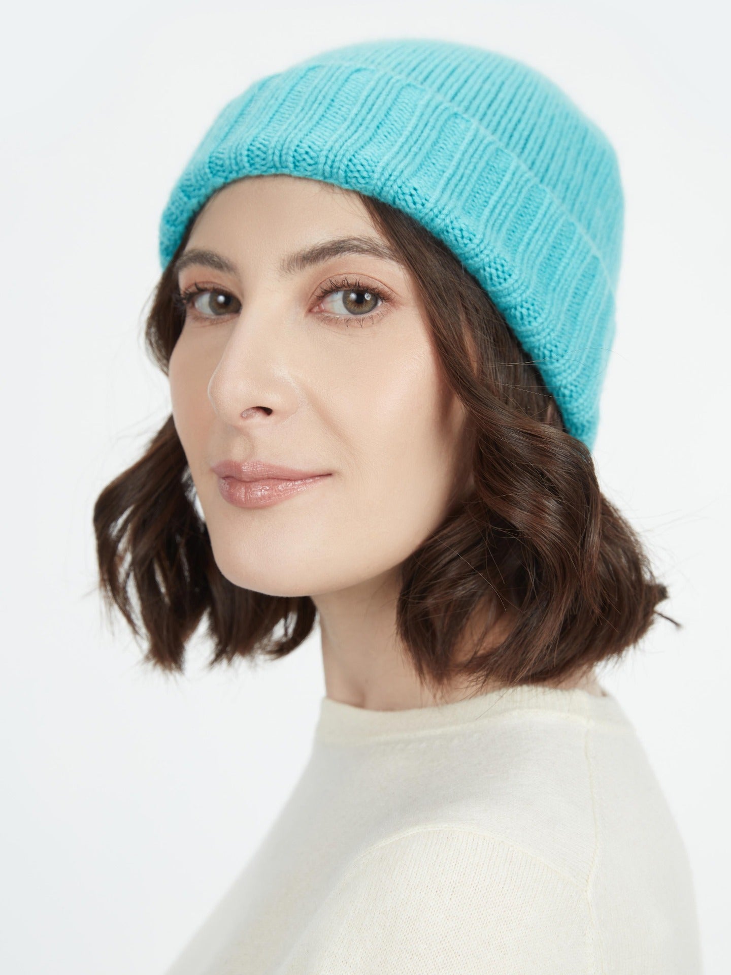 Women's Cashmere Rib Knit Hat Blue Curacao - Gobi Cashmere