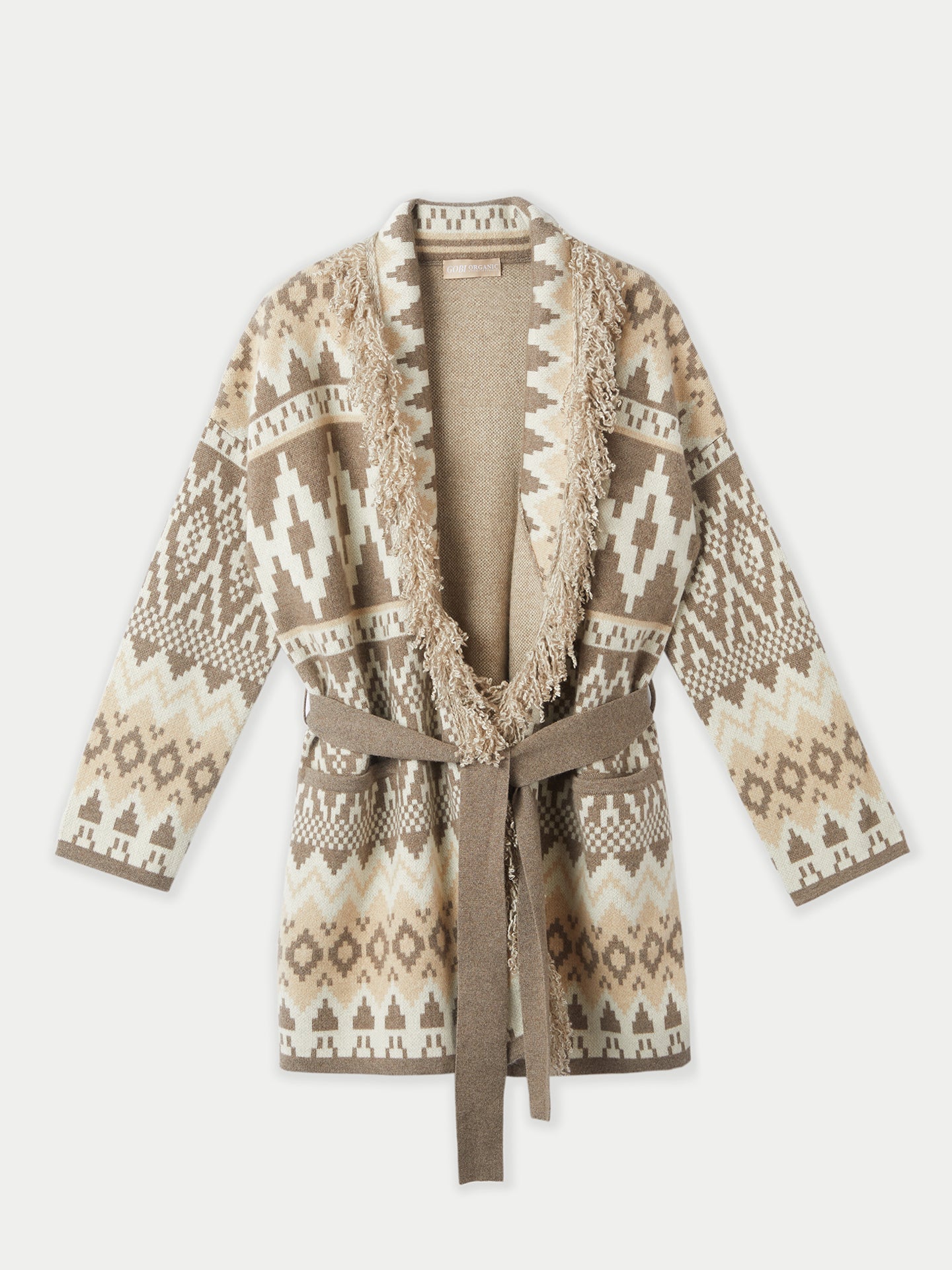 Women's Cashmere Fringed Jacquard Cardigan Taupe - Gobi Cashmere