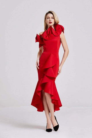 Red Frilled Bow Detail Midi Dress