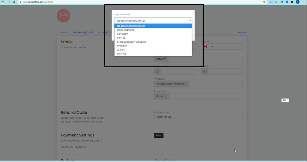 Affiliate Payment Settings | Carsha Global Trading