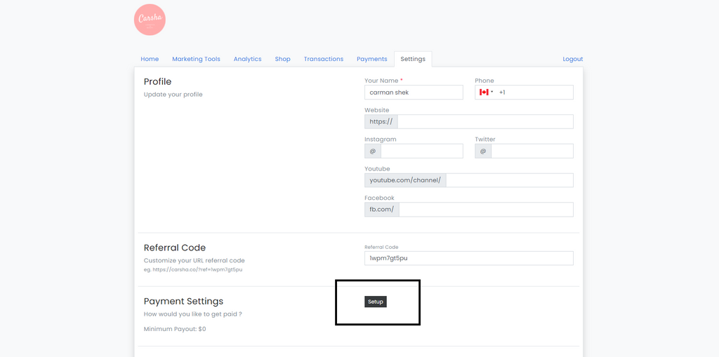 Affiliate Payment Settings | Carsha Global Trading