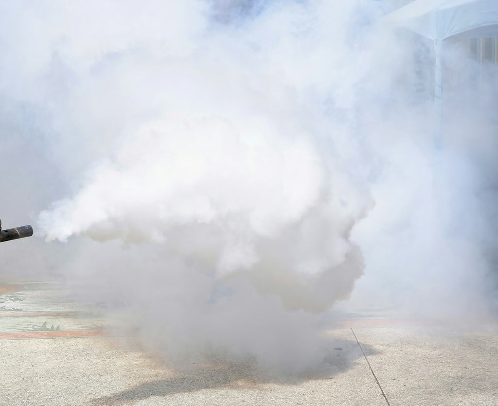 Worker treating an area with a mosquito fogger machine. Invatech Italia