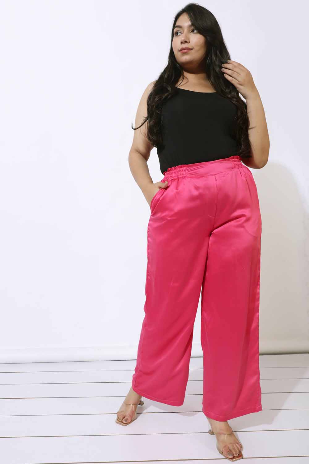 Plus Size Pink Satin High Waist Pants - Amydus product image