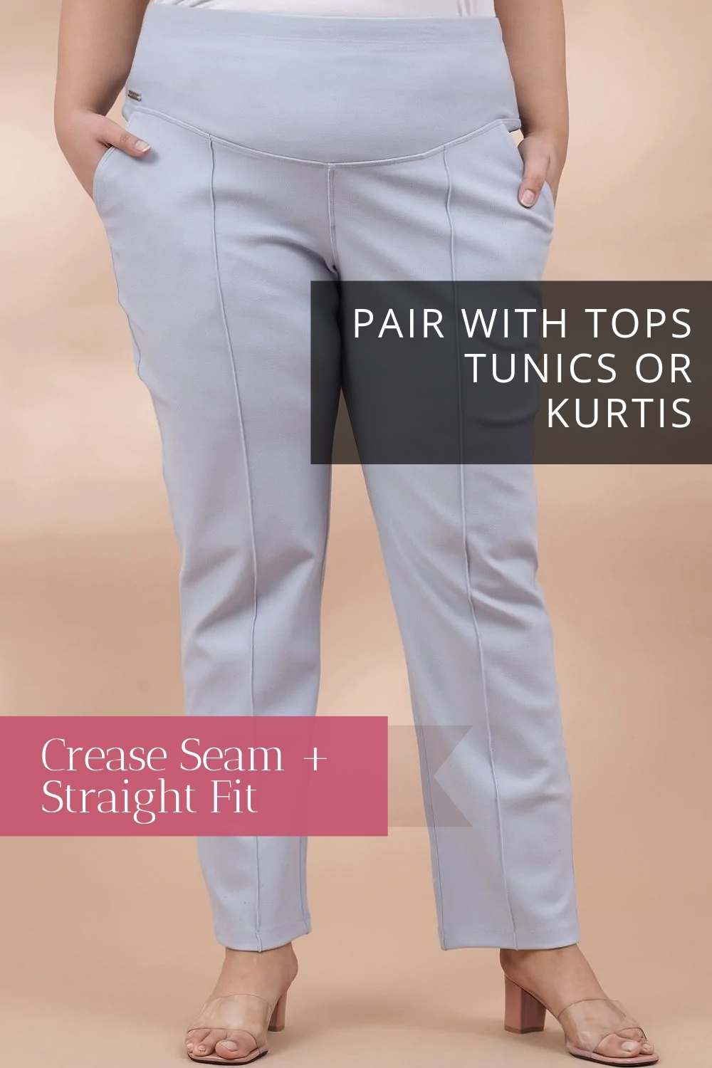 Plus Size Ice Blue Crease Seam Tummy Tucker Pants Online in India