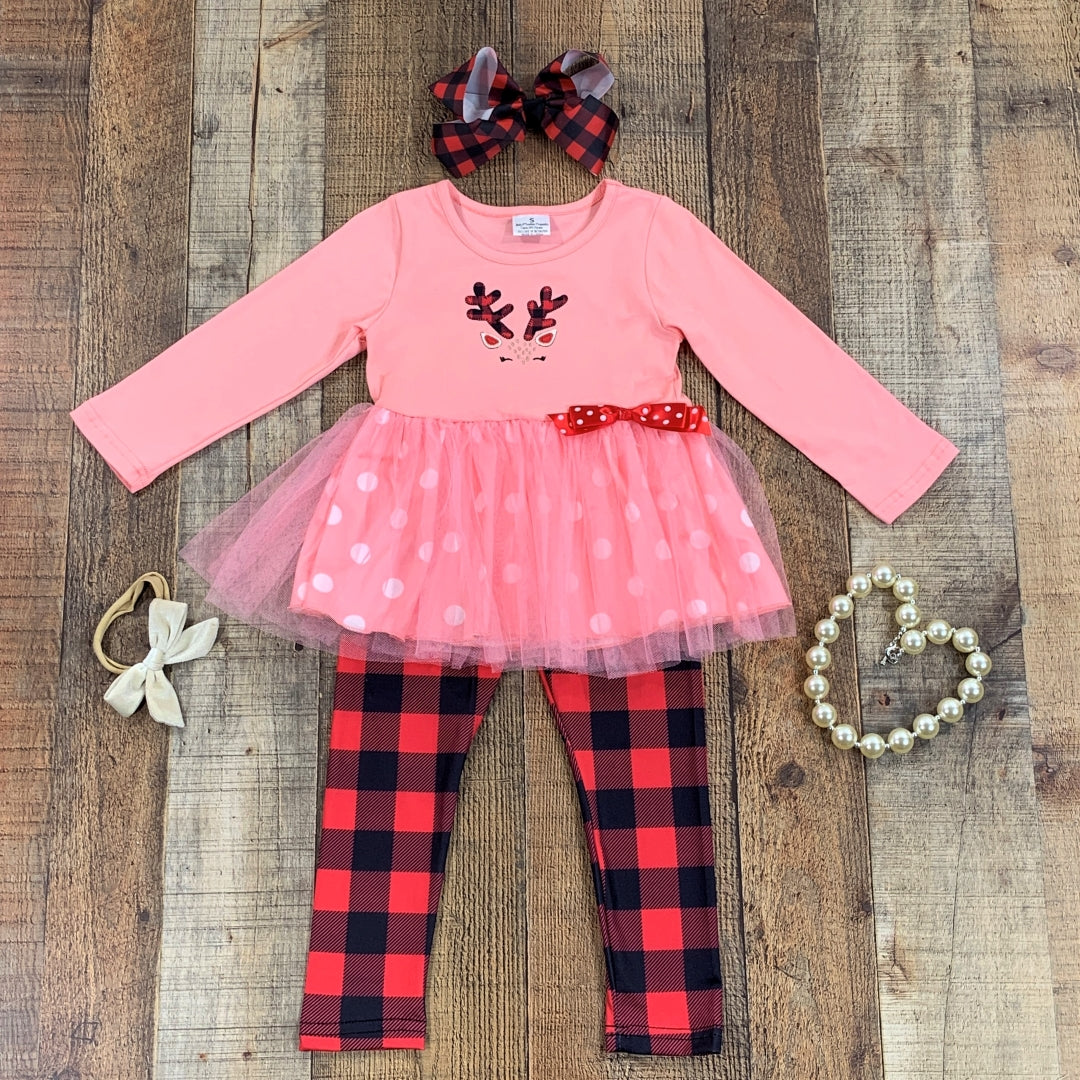 Pink Tulle Reindeer &amp; Buffalo Plaid Outfit-Girls Clothing Hut