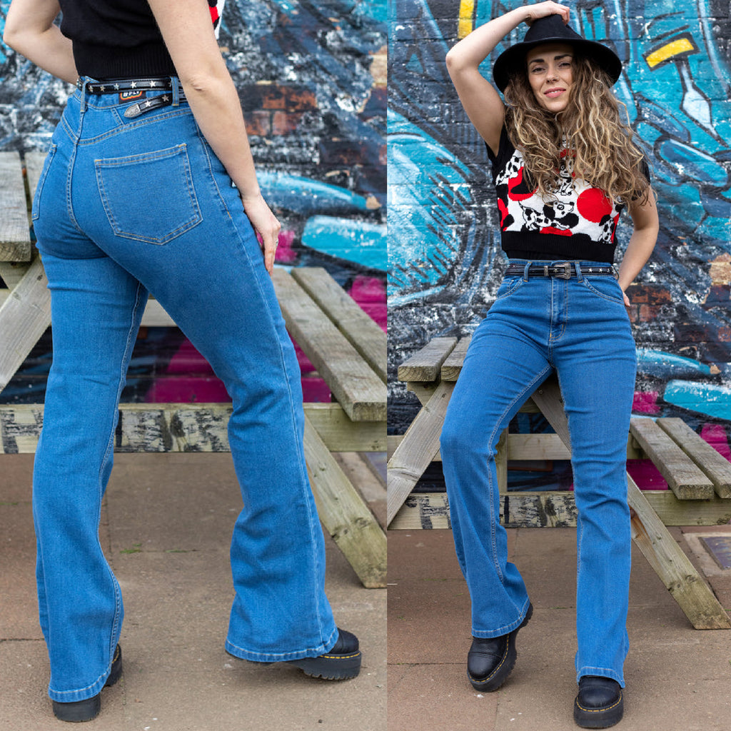 Run and Fly 70's Black Floral Stretch High Waisted Flares Jeans