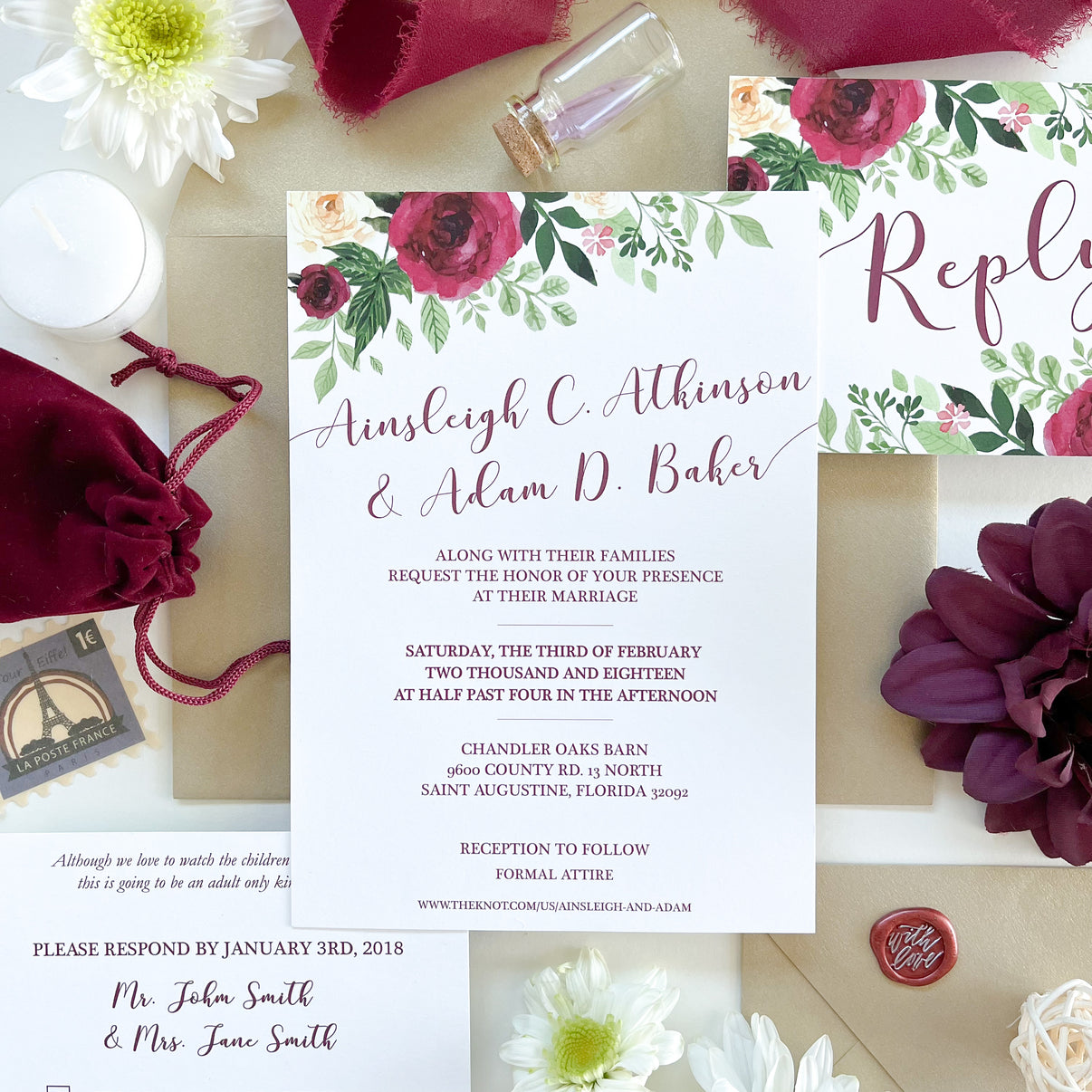 Floral, Gold + Burgundy Wedding Invitation Suite – The Paxton Press