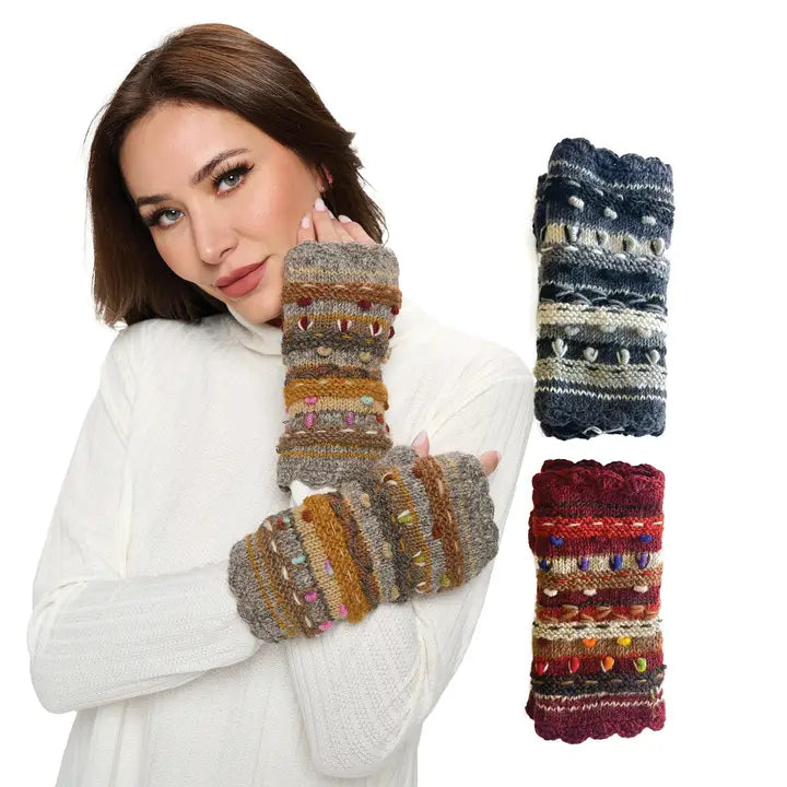 Knit Fingerless Floral Chochet Details Winter Glove