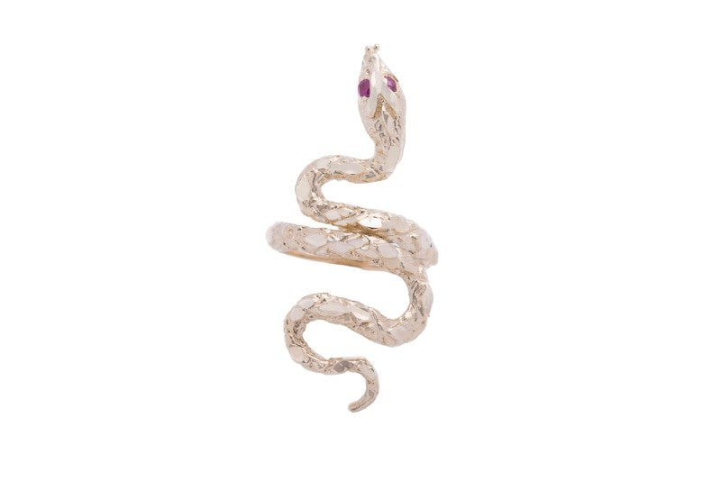 Full Finger Slithering Snake Ruby Eyes Ring in 14k Yellow Gold