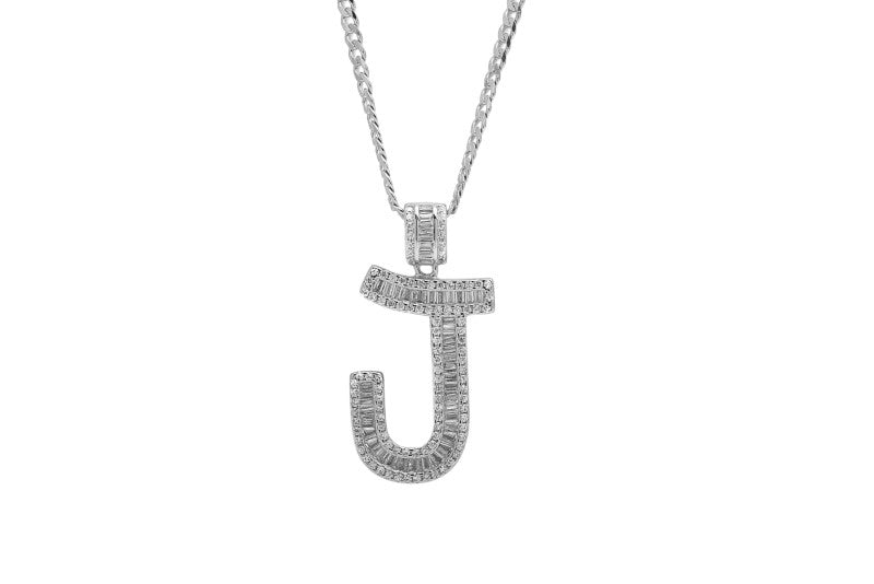 Sterling Silver Letter J Initial Baguette CZ Pendant with Necklace