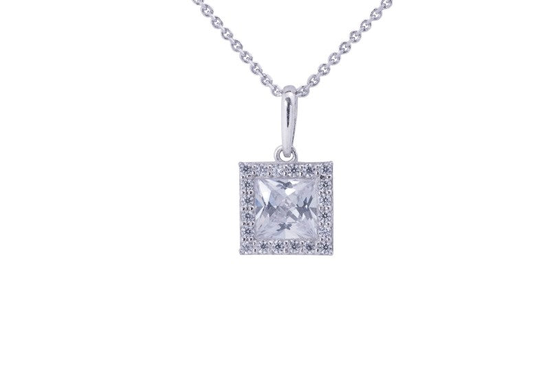 Halo Princess Cut CZ Pendant with Necklace in 14k White Gold