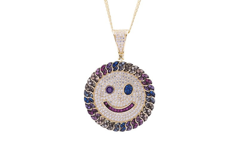 Sterling Silver Rainbow Gemstones Happy Face CZ Yellow Gold Pendant with Necklace