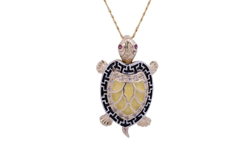 Sea Turtle CZ Enamel Pendant with Necklace in 14k Yellow Gold