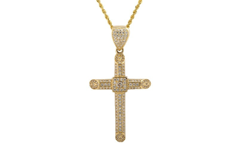 Large Cross CZ Pendant with Necklace in 14k Yellow Gold