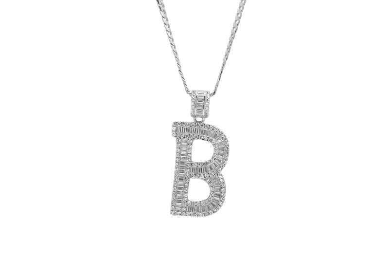 Sterling Silver Letter B Initial Baguette CZ Pendant with Necklace