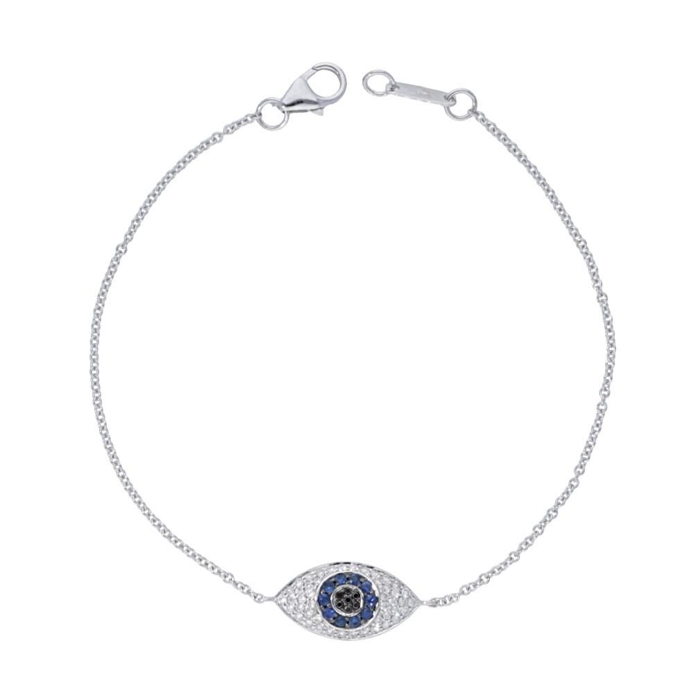 14k White Gold Sapphire Diamond Small Evil Eye Bracelet